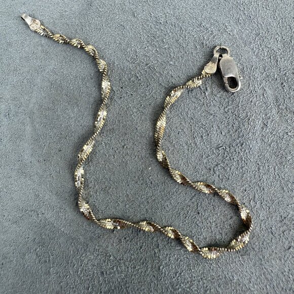 Sterling Silver Twisted Herringbone Chain Bracelet Italy 925 - Picture 1 of 7